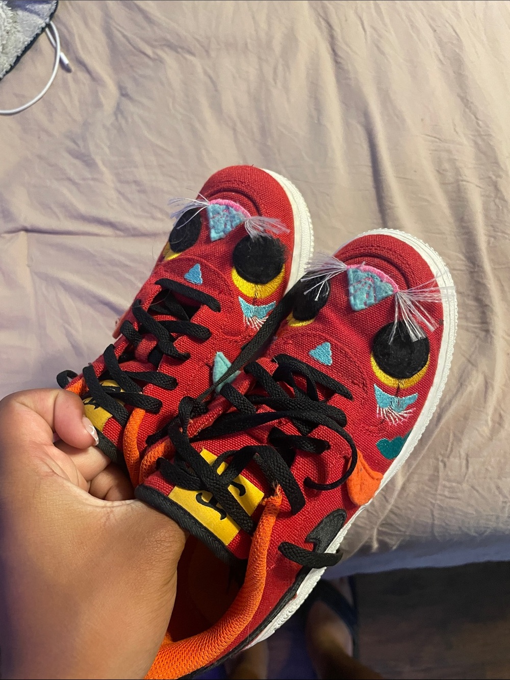 Nike Kids Red Canvas Sneakers with Multicolor Embroidered Accents